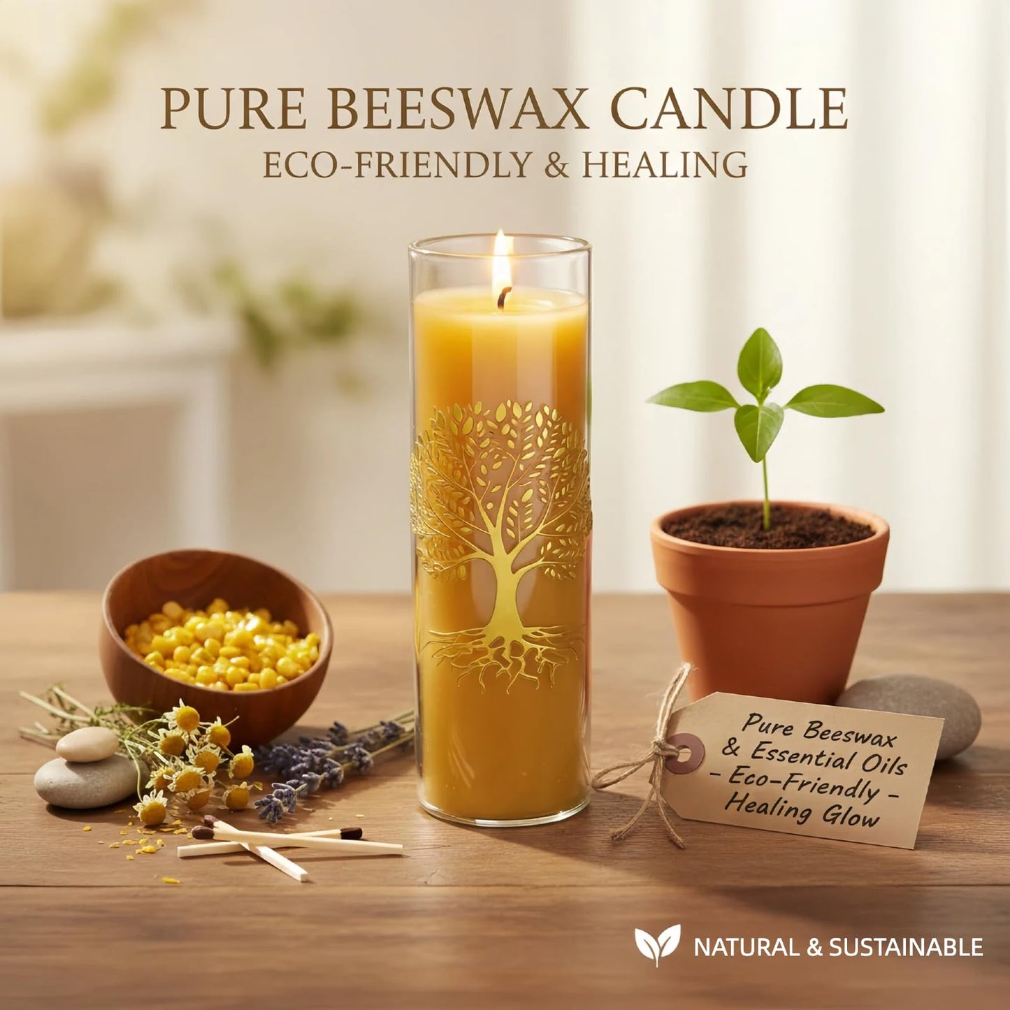 CYSEdge The Tree of Life Pure Beeswax Candles, Single Glass Pack -160-Hour Burn Time, Clean Burning Long-Lasting Eco-Friendly Candle for Meditation, Prayer & Gift Giving