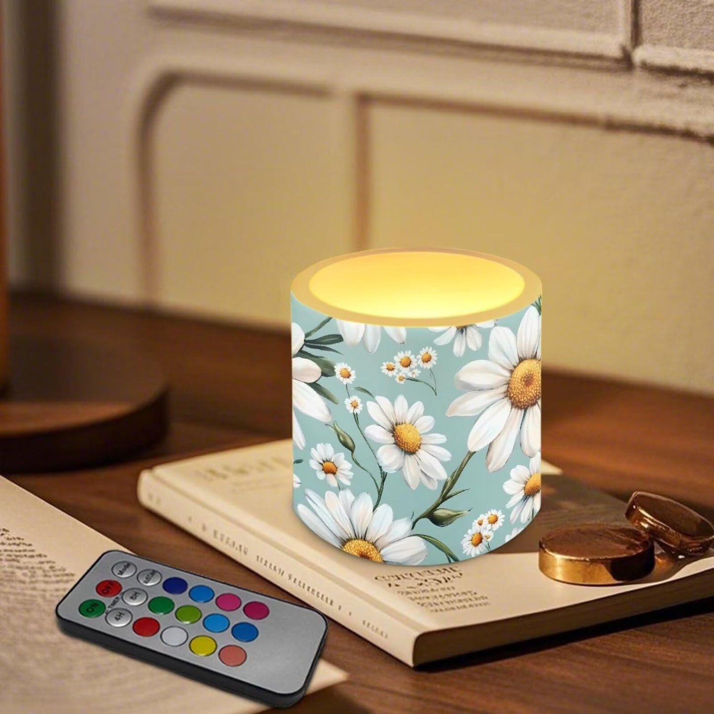 Cozeyat Daisy Garden LED Candles Set of 4 Battery Powered Flameless with Remote Timer Dancing Flame Waterproof for Home Beach Table Decoration