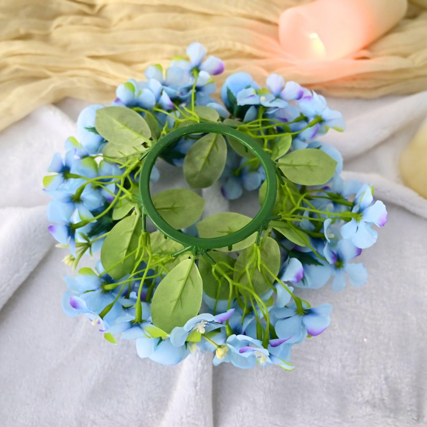 Set of 4 Artificial Rose Flower Candle Rings Wreaths 3 Inch Center Mini Hydrangea Floral Candle Wreaths 9" Small Candle Holder Rings for Pillars Spring Wedding Party Home Tabletop Decor (White)