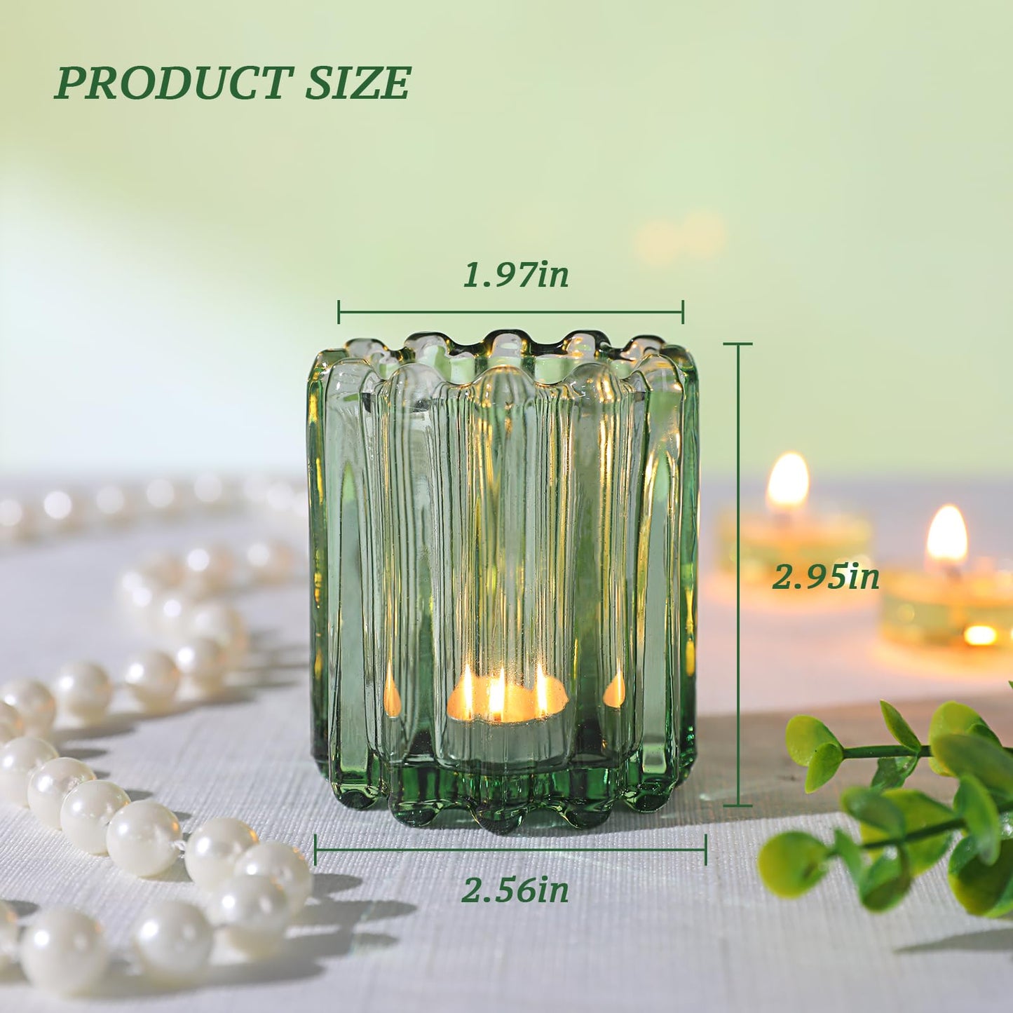 HAVITI Glass Green Votive Candle Holder, Ribbed Votive Candle Holders Set of 12, Tealight Candle Holder for Wedding Centerpieces Dinner Party Table Decor