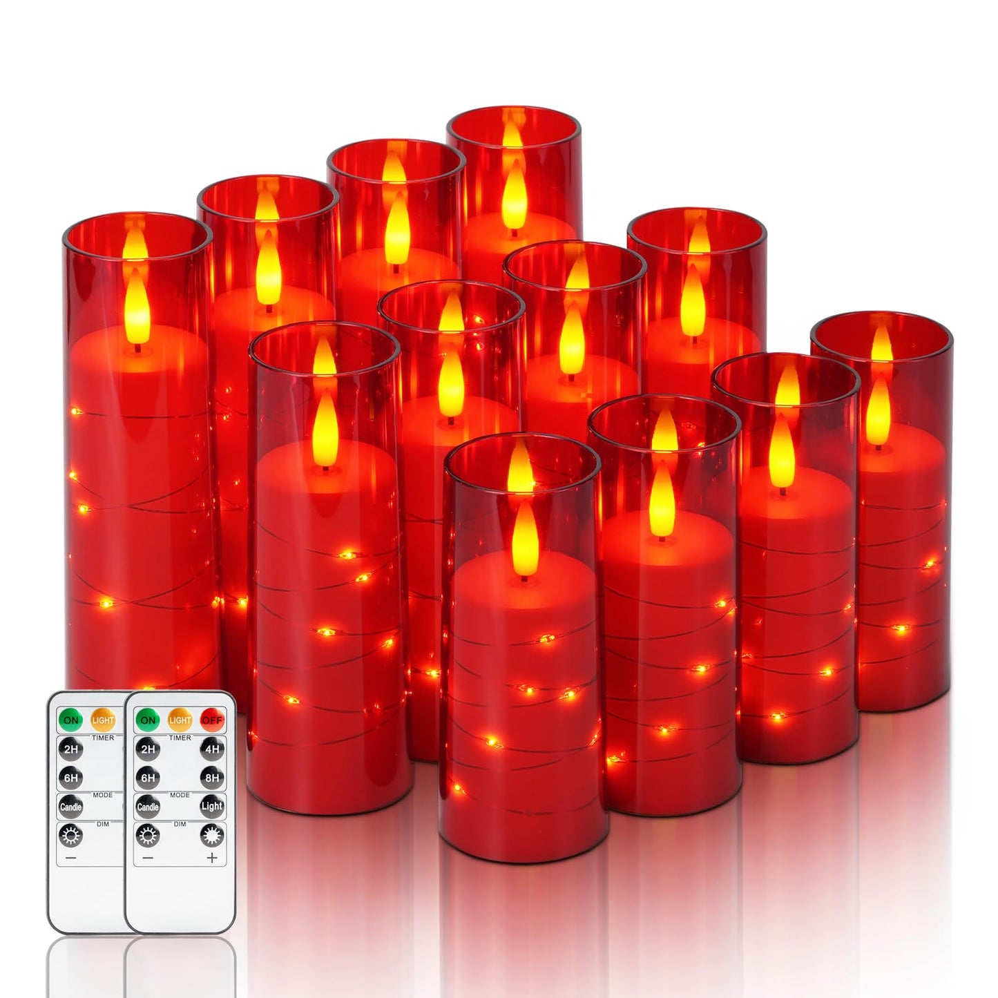 Homemory 12Pcs Flameless Candles with Star String Fairy Lights, Flickering Battery Operated Candles, LED Fake Candles with Remote and Timer, Christmas, Weddings, Home Decor, Red
