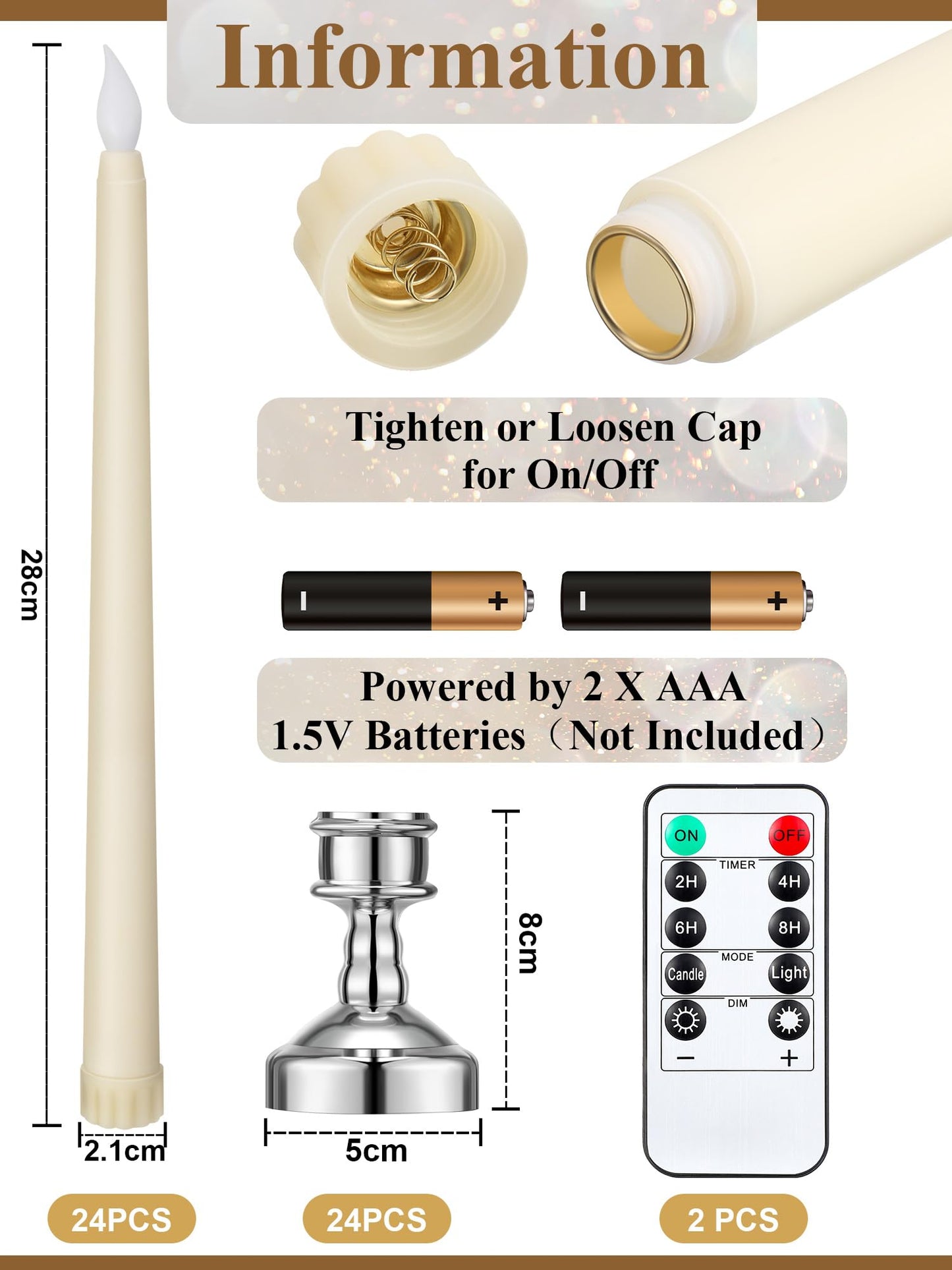 VIHOSE 24 Pcs Flameless Taper Candles with Holders Remote Timer Battery Operated Candles Bulk LED Candlesticks Flickering for Valentines Wedding Home Window Carnival Party Decor(Silver,Classic Style)