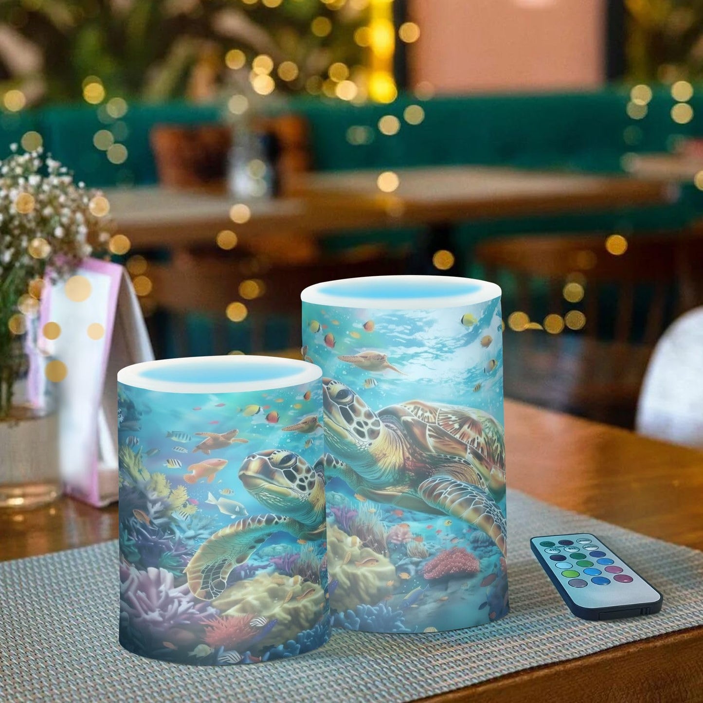 WEVIBOFU Sea Turtles Ocean Coral Reefs Fish Flickering Flameless Candles LED Battery Operated with Remote Timer Pillar Candles for Home Birthday Wedding Christmas Decor, Set of 2