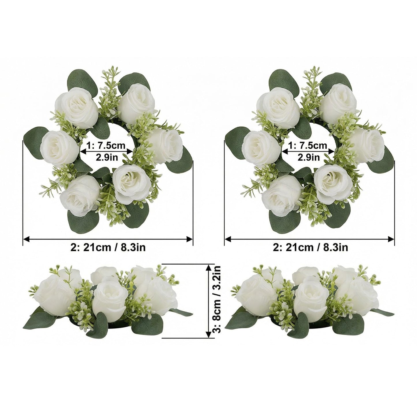 A Set of 6 White Rose Candle Wreath Rings with Artificial Floral Candle Holders and Wreaths, Ideal for Wedding Centerpieces for Tables, Party Candle Arrangement Setups