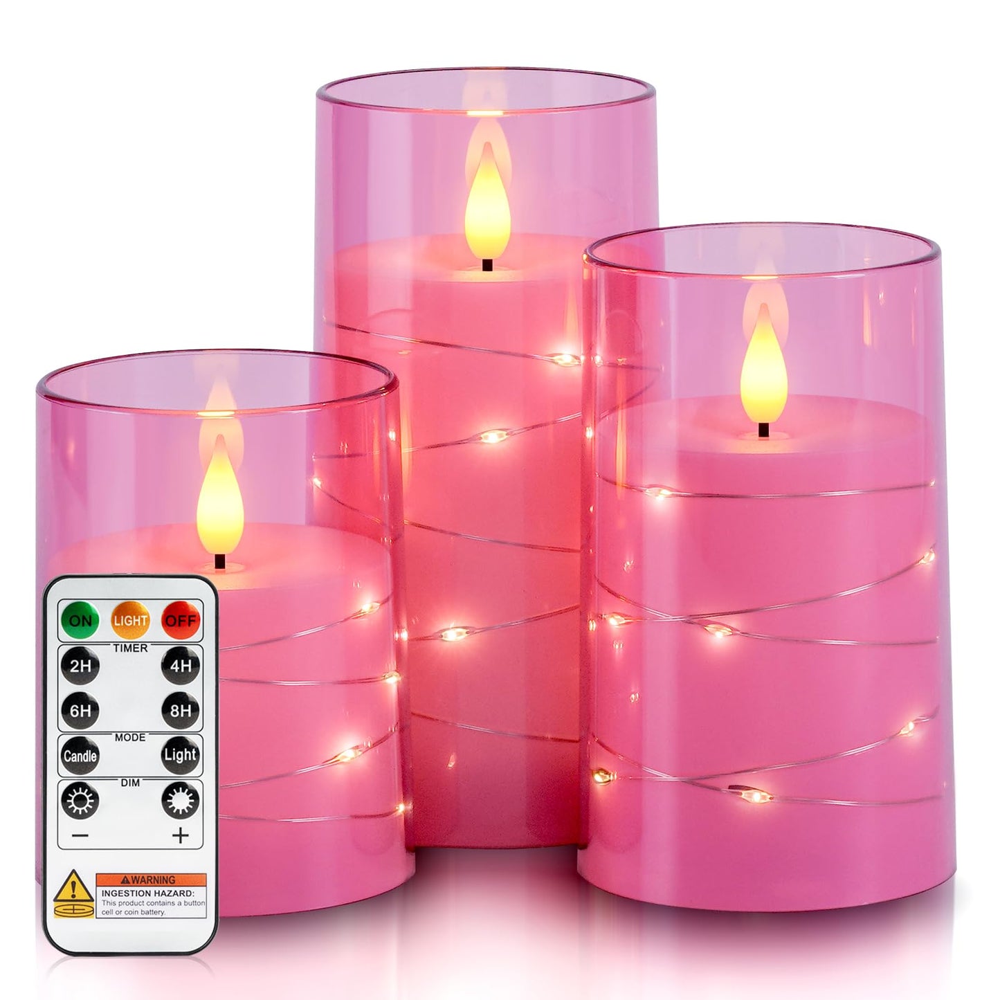 Homemory Flameless Pink Candles with Embedded Star String Fairy Lights, Battery Operated Candles, LED Candle, Fake Candles with Remote Control and Timer, Set of 3(H 4" 5" 6”)