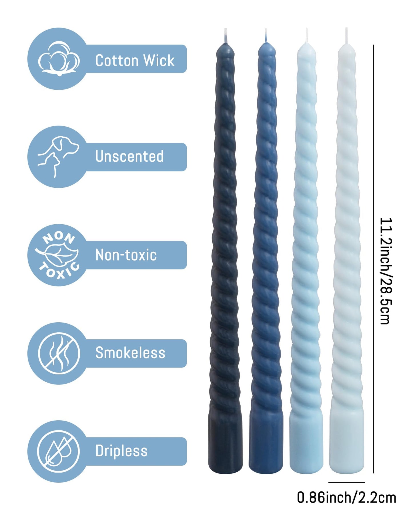 Viyffo 11 Inch Spiral Taper Candles, 4 Pack Blue Gradient, Unscented Tall Long Candlesticks for Wedding, Dinner, Holiday Table Decor, Fits Most Standard Holders