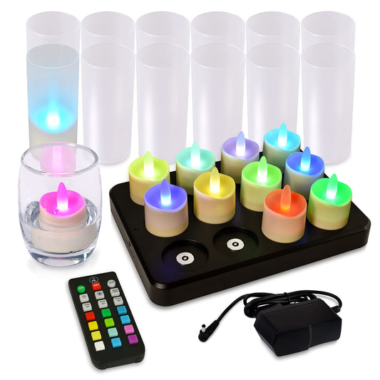 HL Flameless Candles with Remote Timer&Charging Station, 60+Hours Rechargeable Waterproof Outdoor RGB Tea Lights Colorful Candles for Valentine's Gift Halloween Christmas Home Party Decor-12pcs