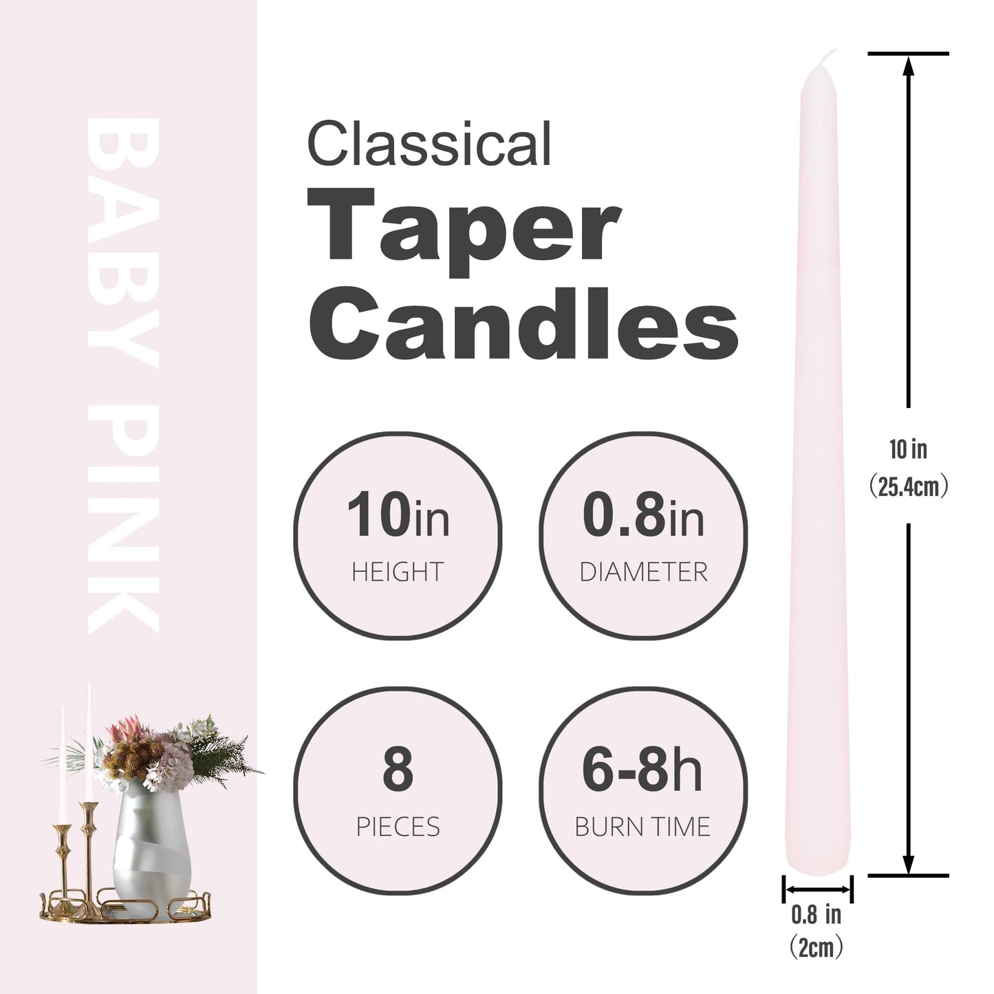 8 Pack 10 Inch Baby Pink Taper Candles Long Burning Time and Dripless Candles for Dinner Home Decor Wedding Shower