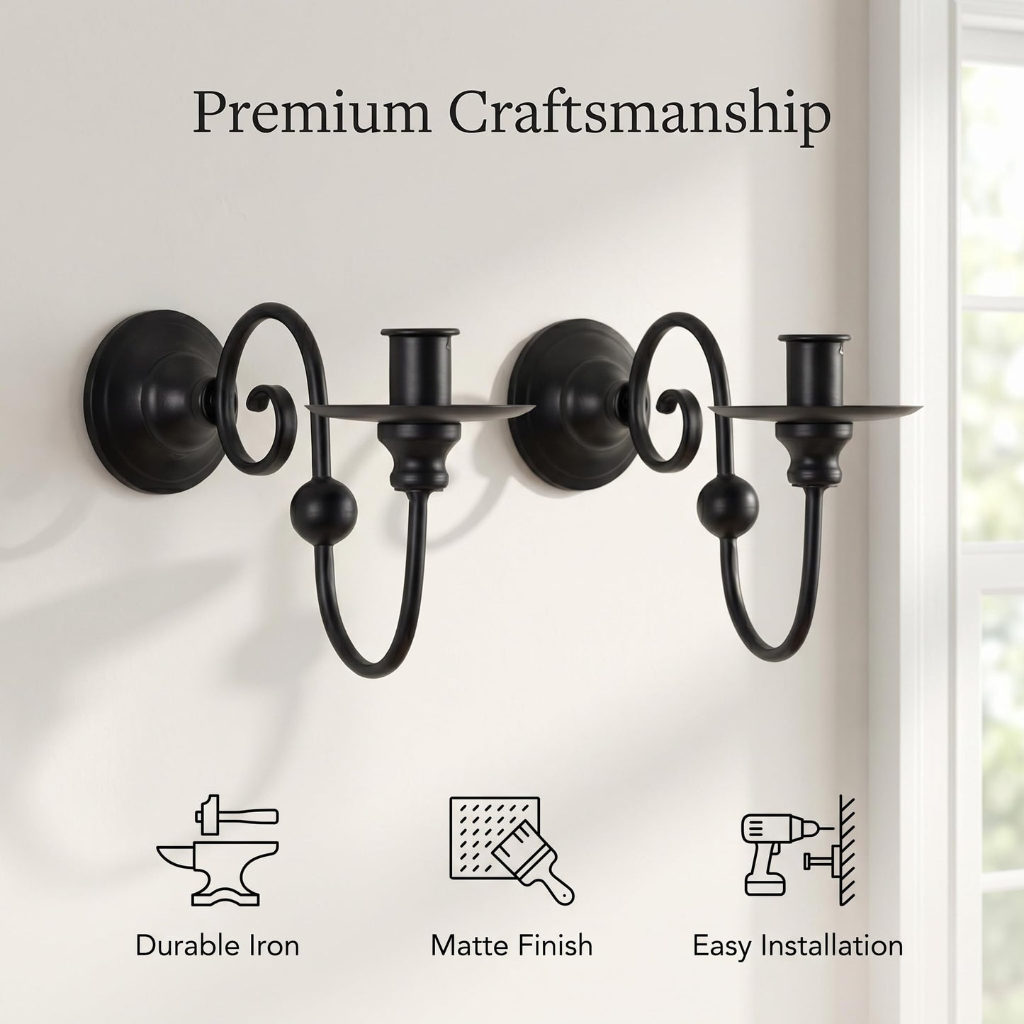 Set of 2 Black Wall Sconces Candle Holder, Modern Farmhouse Metal Wall Decor for Living Room Bathroom Dining Room, Matte Iron Scroll Wall Art Sconce for Pillar or LED Candles (8.6" x 5.9" x 3.5")