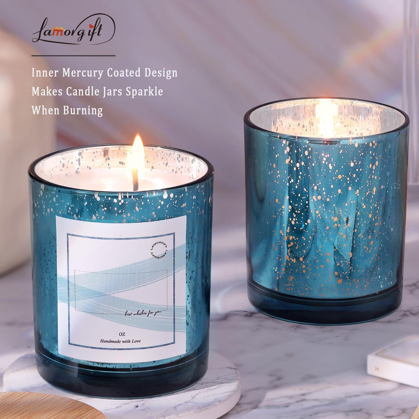 LAMORGIFT 12 Pack Glass Candle Jars with Lids (Lake Blue) - 10 OZ Candle Making Jars - Candle Containers for Making Candles - Mercury Glass Candle Jars Include 12 Pcs Candle Labels.