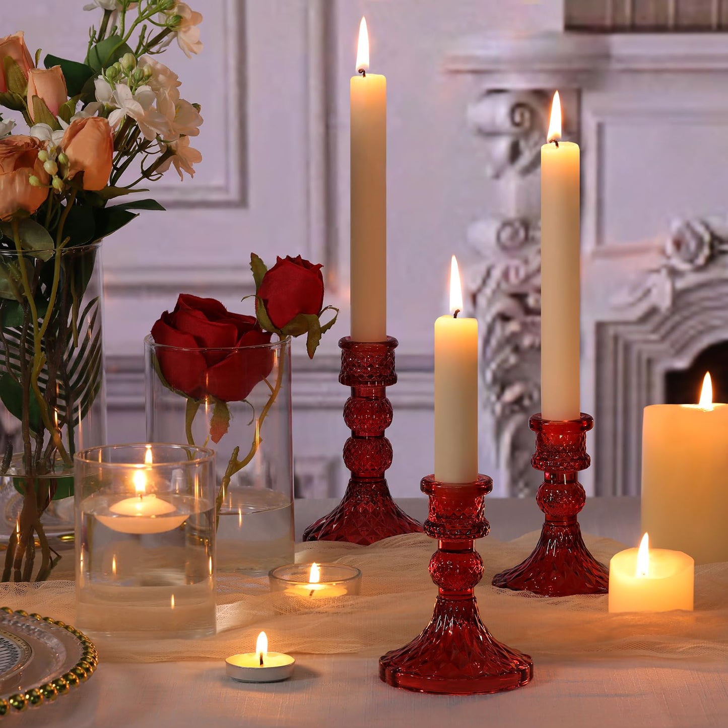 DARJEN Red Glass Candlestick Holders Set of 6, 4" H & 5" H Taper Candle Holders for Candlesticks & Pillar Candles, Diamond Candle Holders for Wedding Party Table Centerpiece, Home Decor (Pack of 2)
