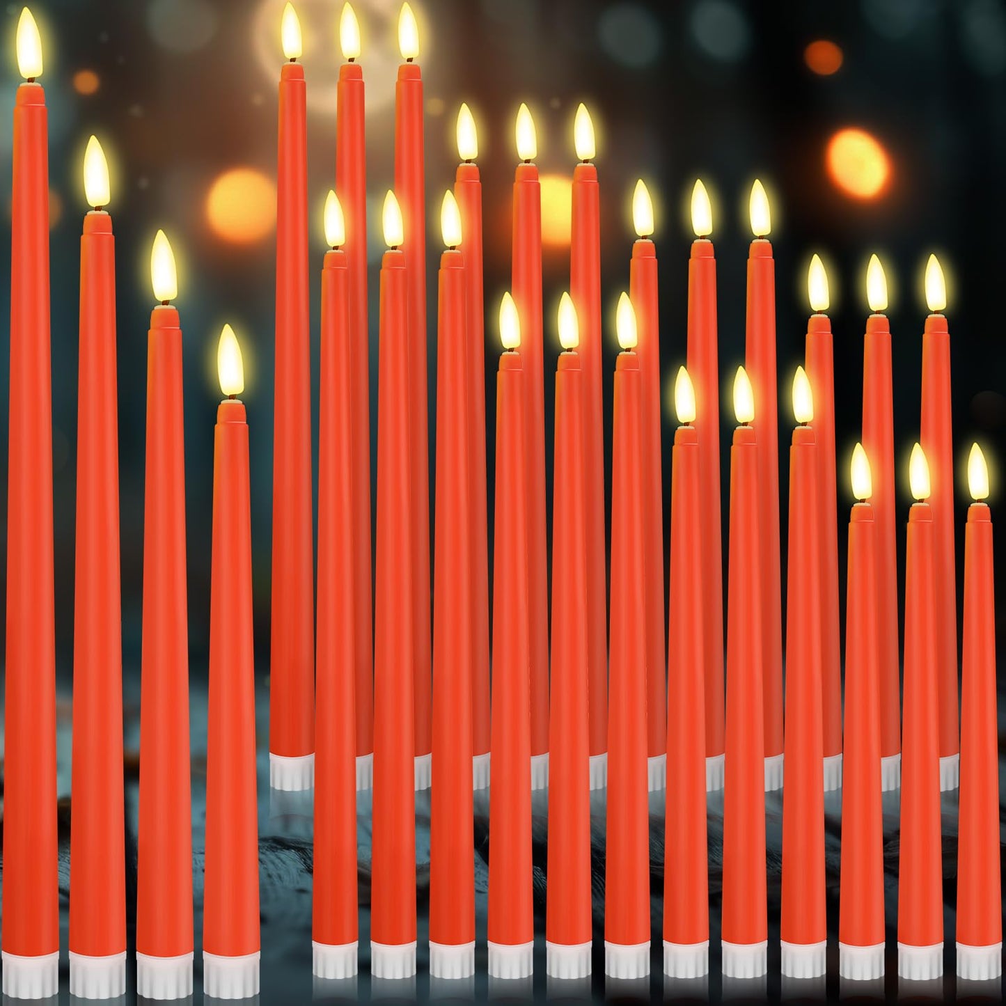Rossesay 24 Pcs Flameless LED Taper Candles Battery Operated Candle 8.5", 9.65", 10.8", 12.8" Flameless Candlesticks Flickering for Christmas Church Wedding Indoor Decoration(Classic, Orange)