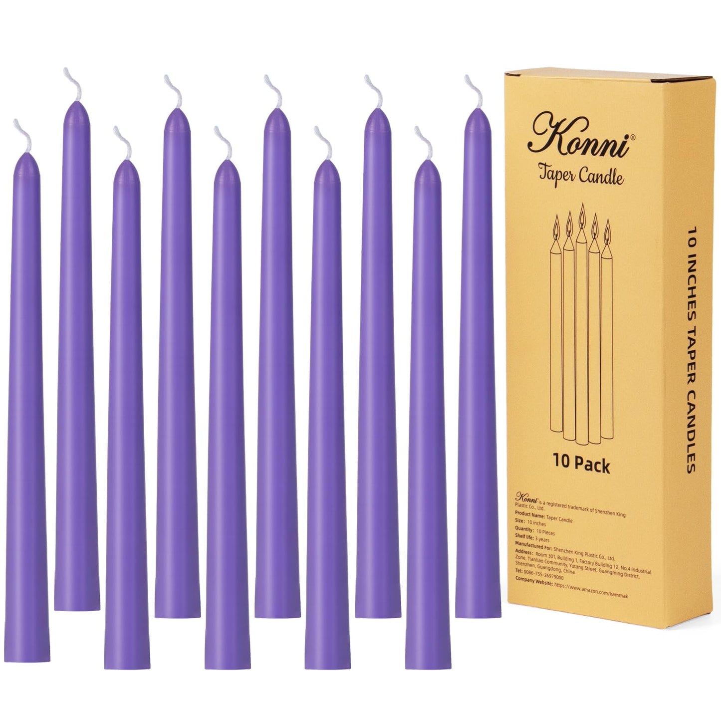 KONNI 0.87×10 Inch Violet Taper Candles, Unscented and Smokeless Tall Candlesticks, 10 Pack Tapered Candles with Cotton Wicks, Long Burning, Ideal for Weddings, Dinner Parties, and Home Décor