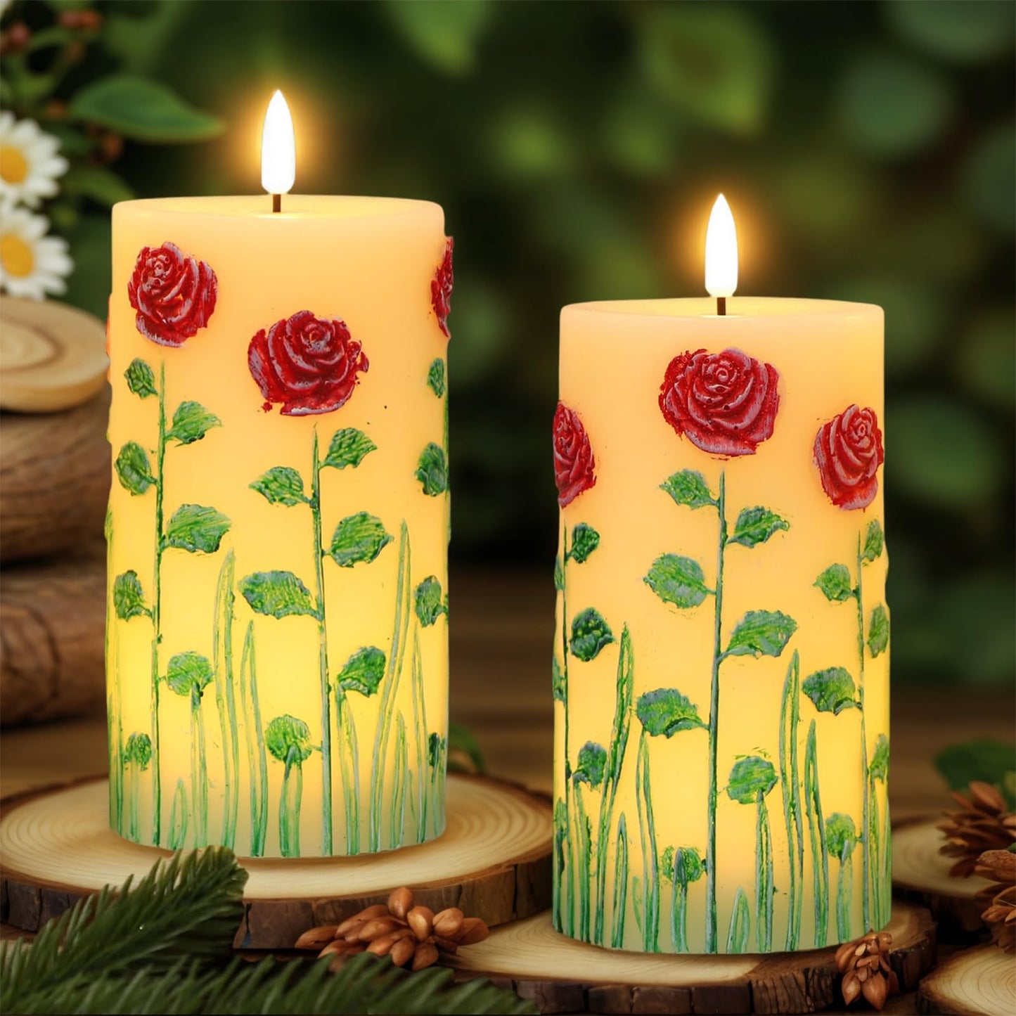 Eldnacele Rose Flameless Candles with 6 Hour Timer, Battery Operated Hand Painted 3D Wick Flickering Real Wax LED Pillar Candles for Spring Dinner Christmas Holiday Decor((2Pcs, D3×H6.5)