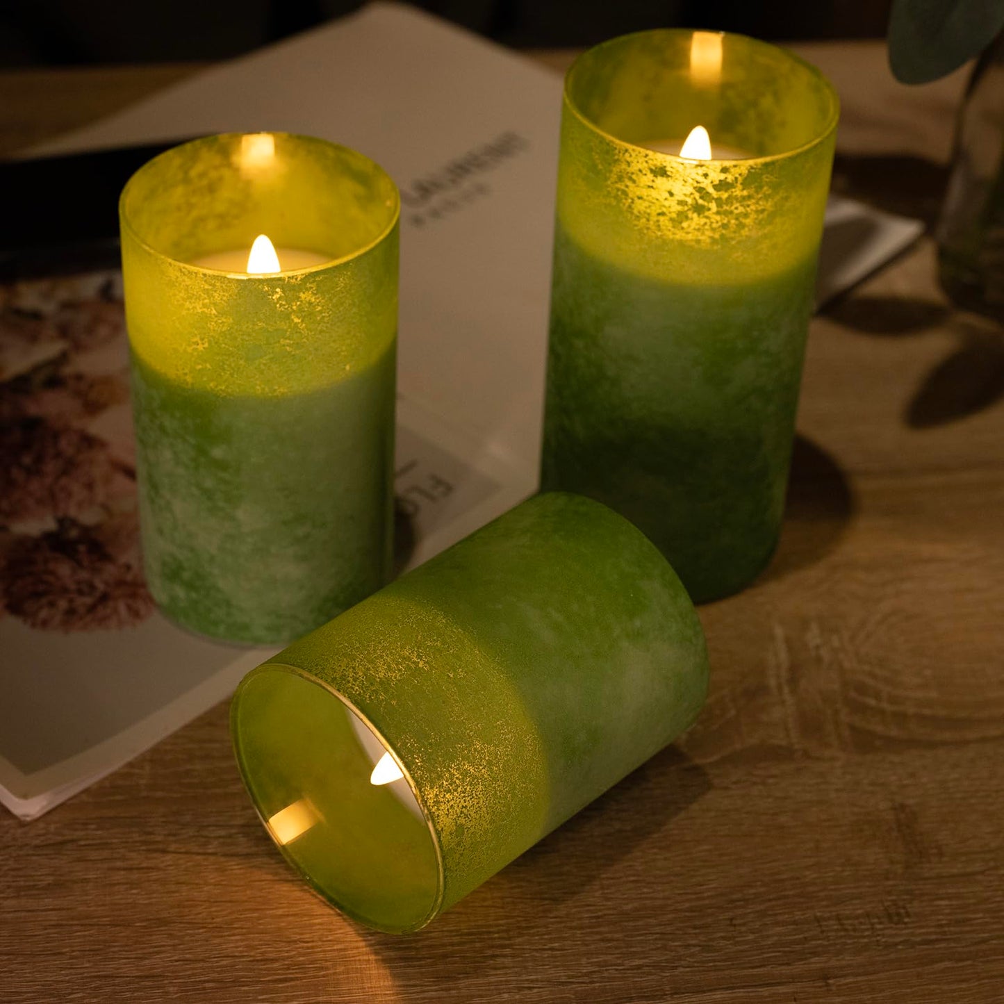 HJANDHJ Green Flameless Candles with Timer - Glass Battery Operated LED Candles with 10-Key Remote, Ocean Theme Green Sandblast Flickering Real Wax Pillar Candles for Home Weddings Decor