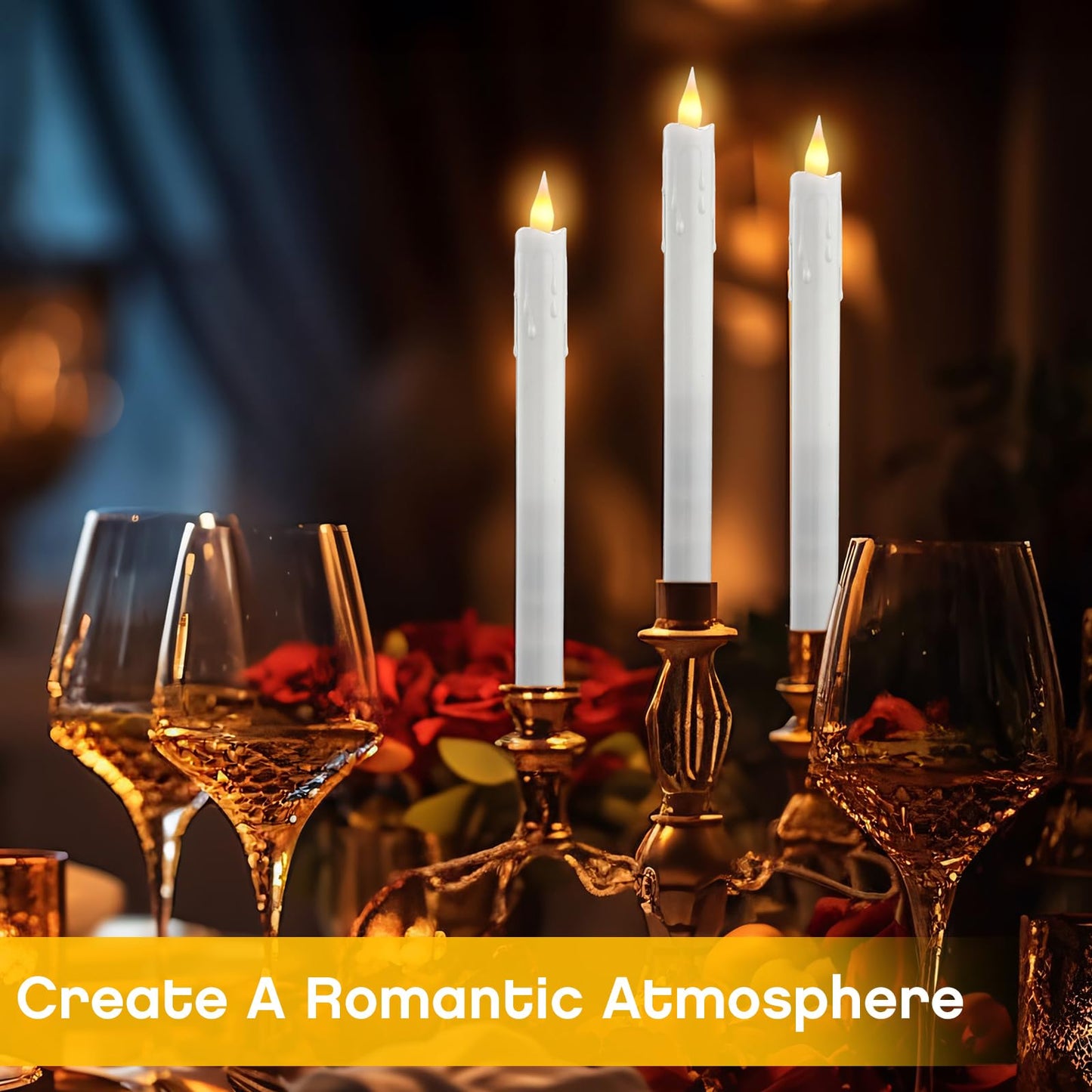 Baquler 50 Pcs 10 Inch White Flameless Taper Candles Dripless Battery Operated LED Flickering Candlesticks Window Candle with 3D Flickering Flame for Wedding Spring Summer Decor