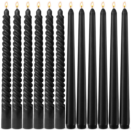 6 Pack Black Taper Candles and 6 Pack Spiral Candles Set – 10 Inch Elegant Dripless Candlesticks for Halloween Decor Parties Meditation and Home Ambiance