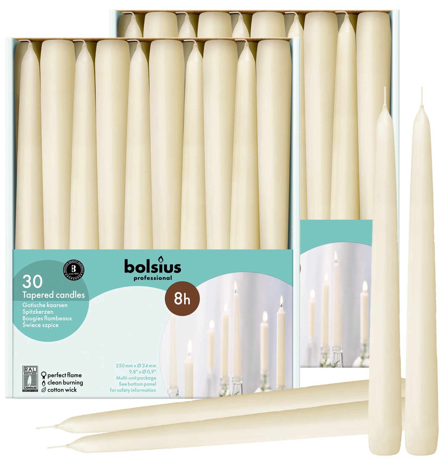 BOLSIUS 60 Count Household Ivory Taper Candles - 10 Inches - Premium European Quality - 8 Hours Burn Time - Unscented Dripless and Smokeless Home Decor, Restaurant, Wedding, and Party Candlesticks
