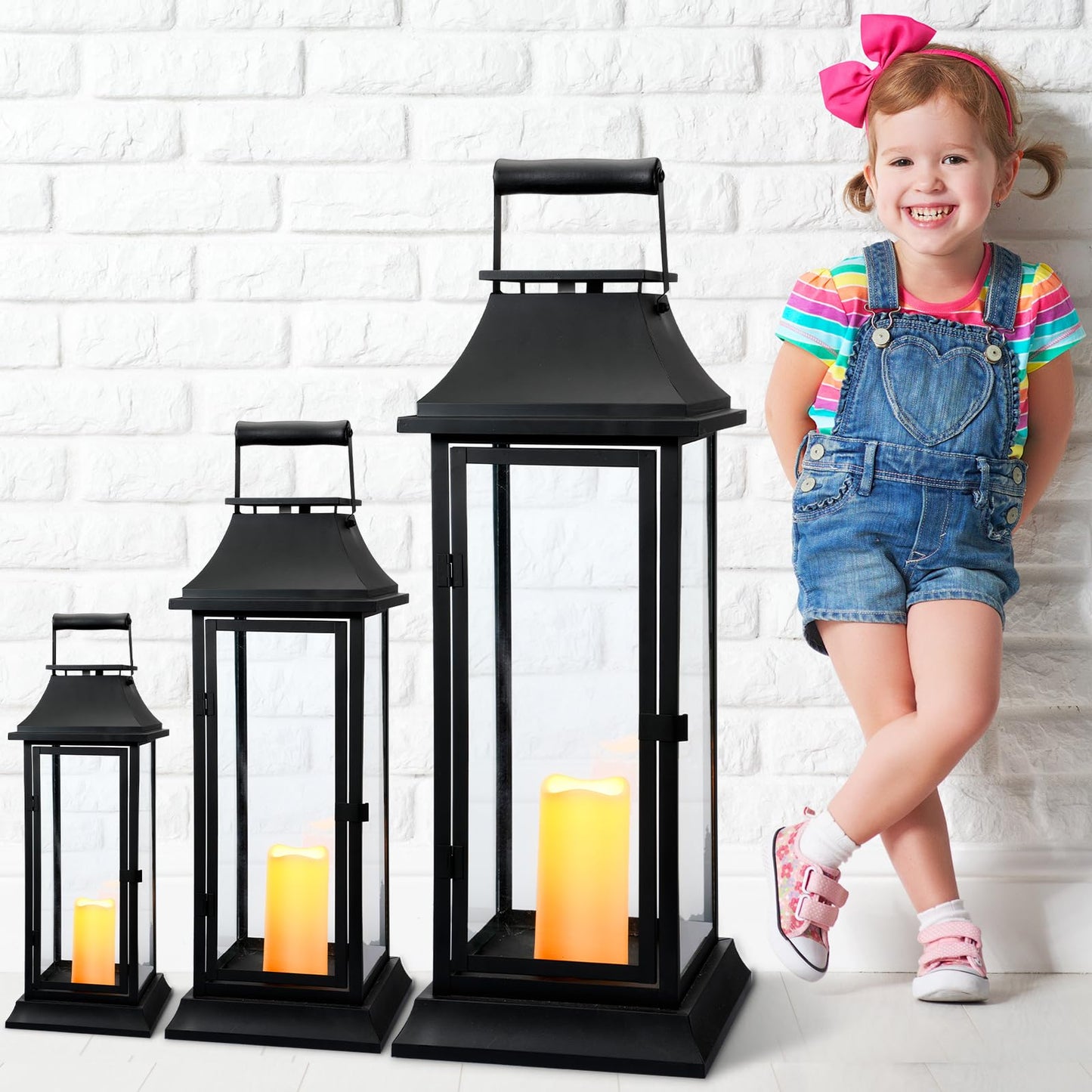 Mifoci Jumbo Black Metal Decorative Lanterns with Clear Glass Panel Hurricane Candle Lantern for Home Decor Party Event Tabletop Front Porch Wall Hanging Indoor Outdoor(3 Pcs,24'' 16'' 10'')