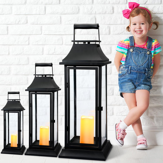Mifoci Jumbo Black Metal Decorative Lanterns with Clear Glass Panel Hurricane Candle Lantern for Home Decor Party Event Tabletop Front Porch Wall Hanging Indoor Outdoor(3 Pcs,24'' 16'' 10'')