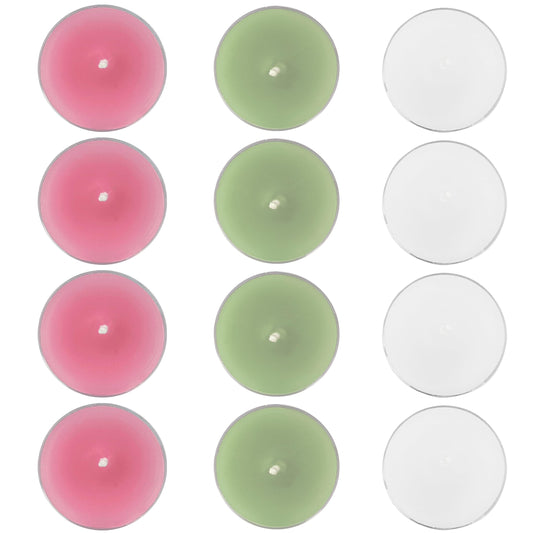 Scented Tea Light Candles 12 Pack Pastel Color Hand Poured Smokeless 4 Hours Clean Burning Small Round Clear Cups Tealight Candles for Romantic Dinners Wedding Centerpieces Cozy Evenings