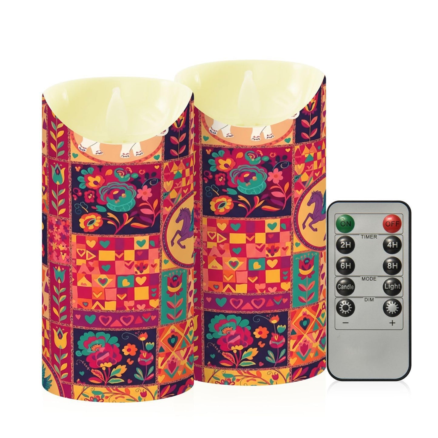 Gravopti Patchwork Animals 2 Pack Flameless LED Pillar Candles with Remote & Timer, Battery Operated, Flickering Wax Candle for Wedding, Romantic Home & Party Decor