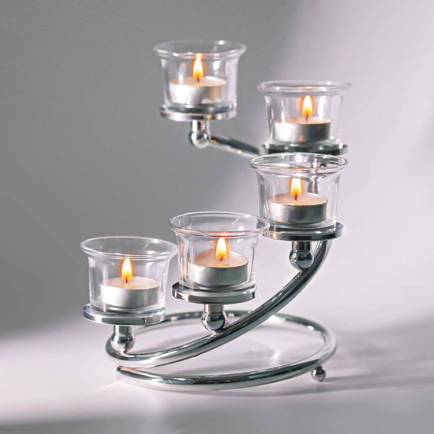 Kolnlala 1Pc Silver 5-arm Metal & Glass Tea Light Candle Holders for Table Centerpiece, Glass Votive Tealight Holders/Candelabra Candlestick Holders for Wedding,Party, Anniversary,Christmas