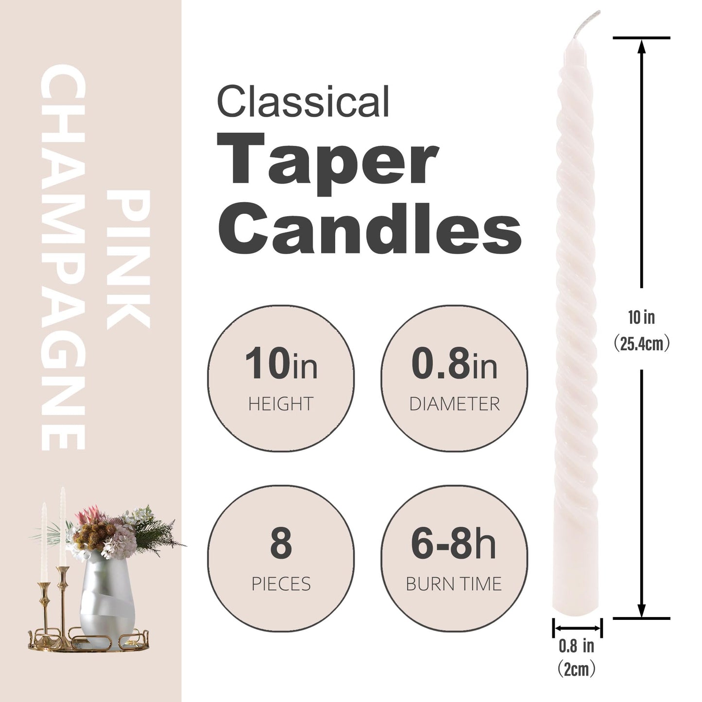 8 Pack 10 Inch Soft Champagne Spiral Taper Candles Long Burning Dripless Candles for Party Dinner Home Decor Wedding and Celebrations