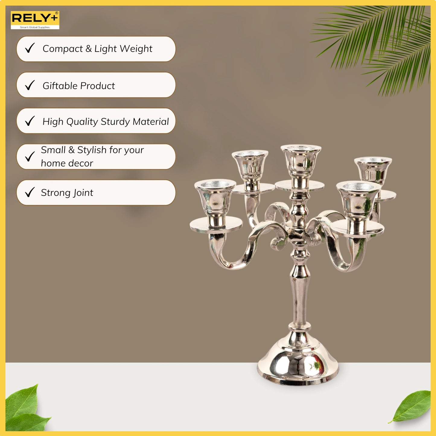 Rely+ 5 Arm Baby Candelabra Silver Glossy 8 Inch Taper Candle Holders Gothic Decorations Candlesticks Holder Home Decor Wedding Parties Centerpiece for Dining Table