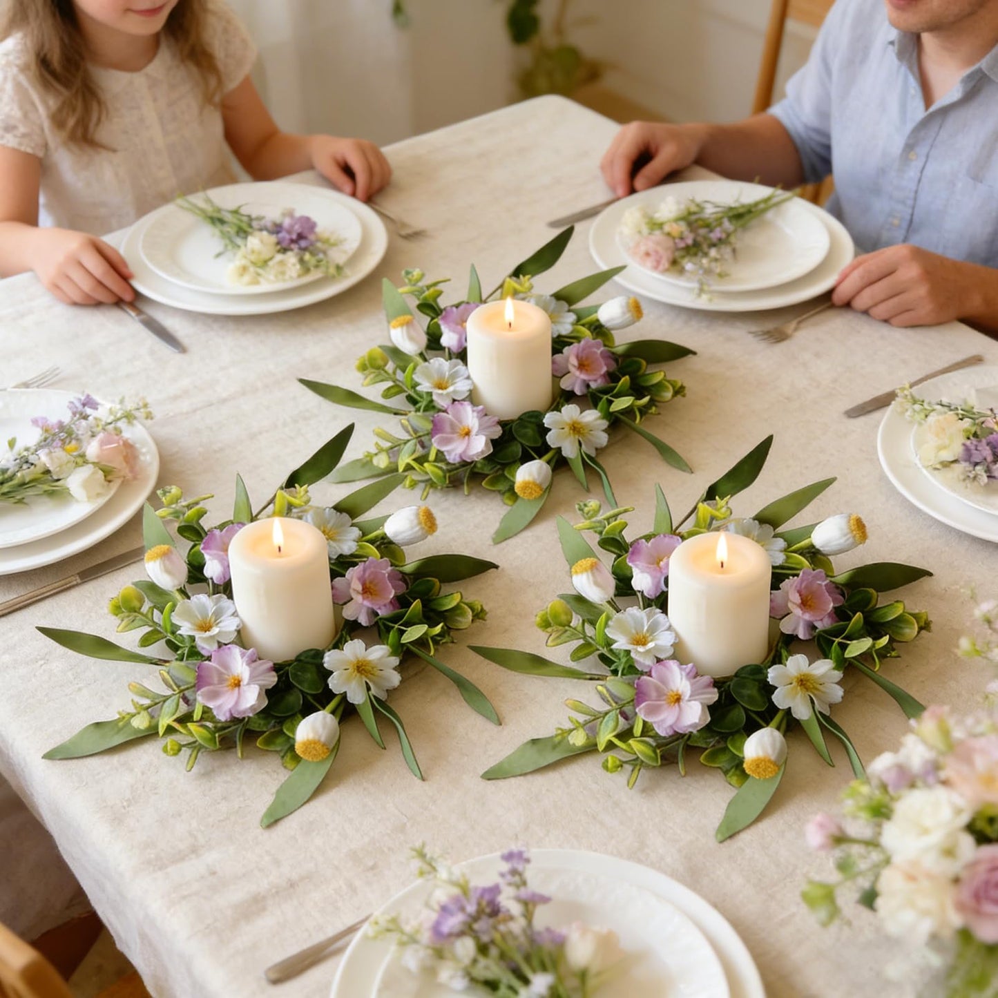 6 Pcs Small Spring Summer Candle Ring Wreaths with Artificial Pink White Flower and Yellow Fruit Mini Pillar Candle Holder Wreath with Lavender for Home Kitchen Cabinets Table Centerpieces Front Door