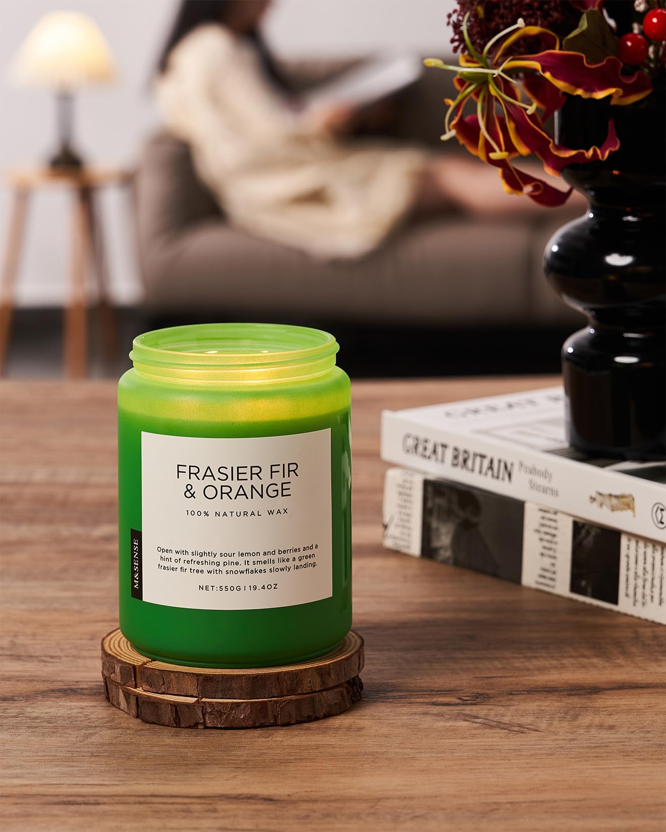 M&SENSE Fraser Fir Pine Scented Candles Large Green Candle for Home 19.4oz 110 Hour Clean Non Toxic Long Lasting Organic Natural Soy Wax Highly Scented Holiday Candle Gifts for Home Decor