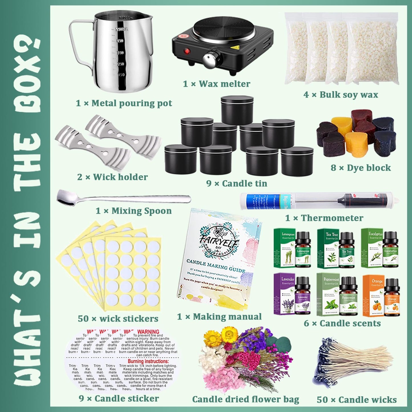 FAIRYELF Candle Making Kit for Adults with Soy Wax Wax Melter, Complete Candle Making Supplies, DIY Starter Scented Candle Wax Kit, Perfect as Home Decorations