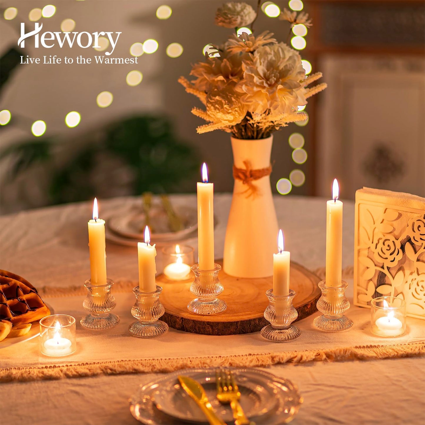 Hewory Glass Taper Candle Holders: 10PCS Clear Candle Holder Candlestick Holders, Crystal Ribbed Candle Sticks Holder Decor for Table Centerpiece Wedding Advent Wreath Christmas Thanksgiving Dinner