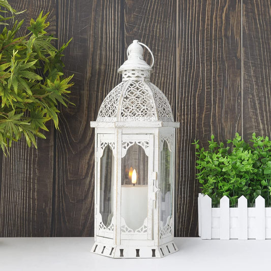 JHY DESIGN Decorative Candle Lantern 15''H Vintage Metal Candle Holder for Garden Living Room Indoor Outdoor Parties Weddings Patio(White with Gold Brush)