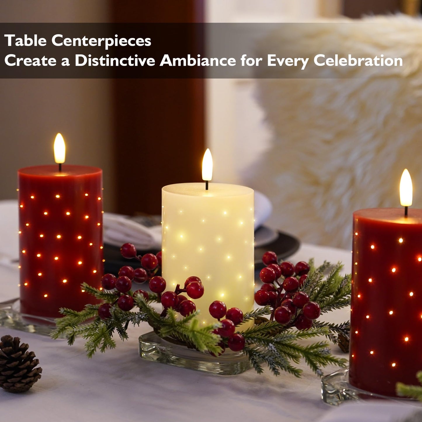 Rhytsing 5 inches White Real Wax LED Candles with Twinkle Fiber Optic Lights, Battery Operated Decorative Candles for Christmas Table Centerpieces, Batteries and Remote Included - Set of 2