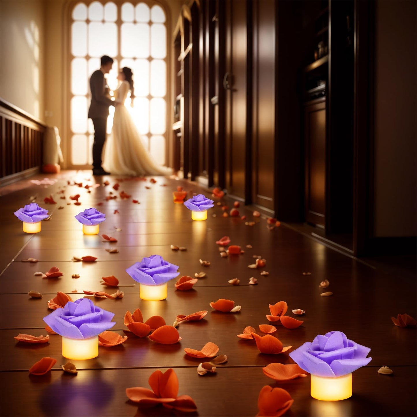 SupBri 12 Pack LED Tea Lights Candles with Artificial Rose Petals, Romantic Flameless Battery Operated Candles for Valentines Wedding Proposals Christmas Decor (Purple)