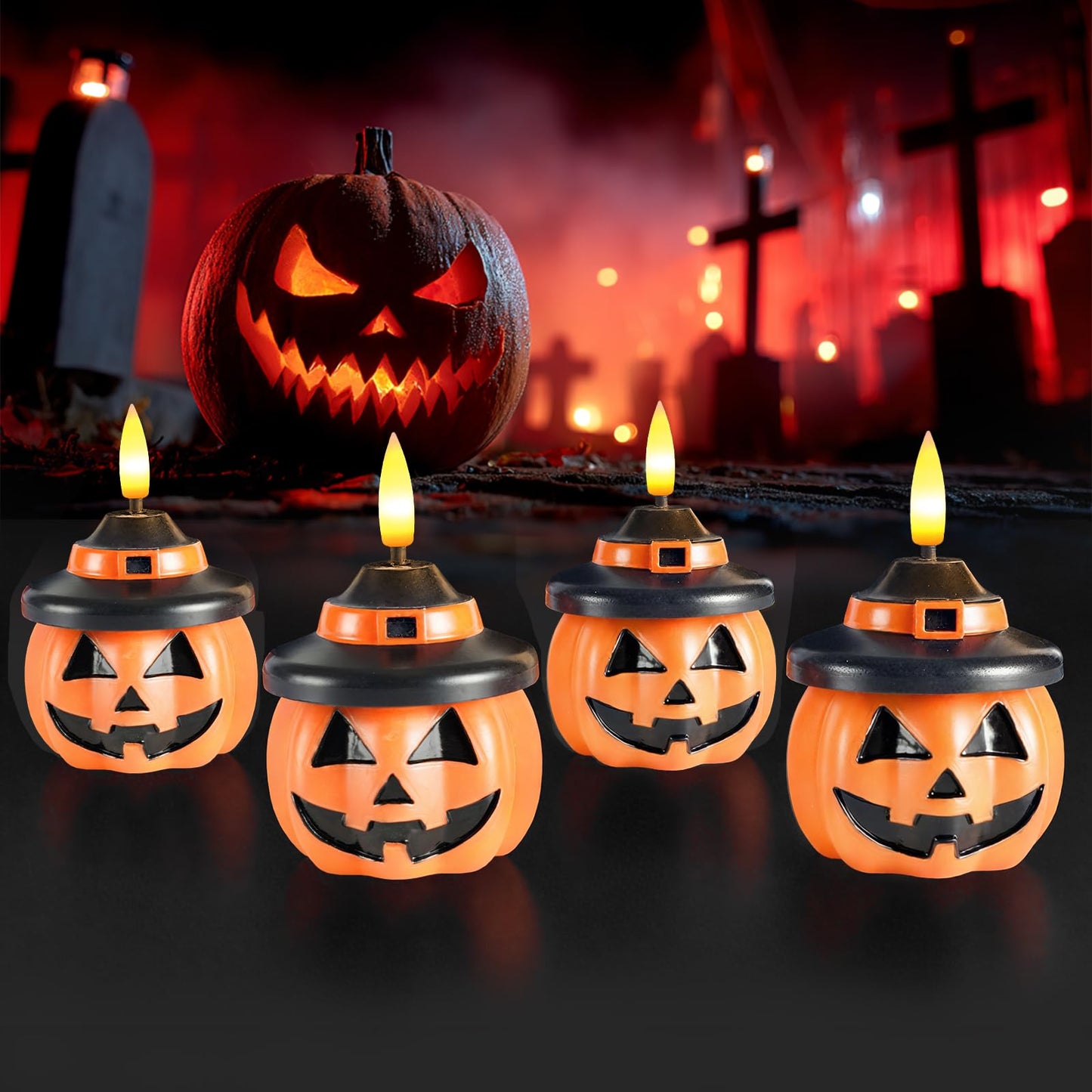 Homemory Real Wax Pumpkin Candles, 4 Pcs Flickering Flameless Candles with 6hrs Timer, LED Halloween Pumpkin Lamp, Battery Operated Lights for Home Halloween Decor, Theme Party, Orange