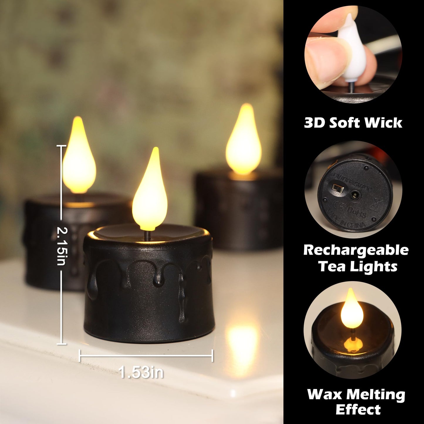 yunsheng 12PCS Black Rechargeable LED Tea Lights Candles with 6H Timer, Halloween Melting Flameless Flickering Candle, Warm White Electric Fake Candles with 2USB Charging Cable, Holiday Home Decor