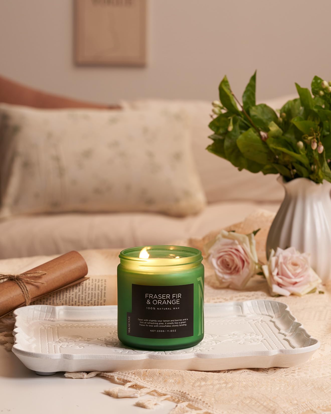 M&SENSE Fraser Fir Pine Scented Candle, Natural Soy Wax Non Toxic Candles 70 Hours 2 Cotton Wick 11.6oz Cozy Home Fragrance Aromatherapy Candle for Birthday Holiday Gifts for Mom Women