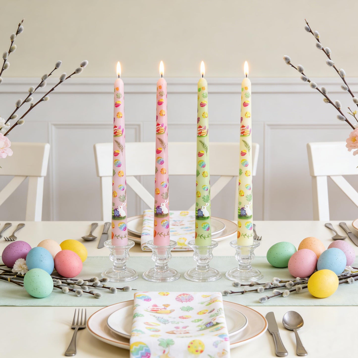 10 Inch Easter Egg Taper Candles 4 Pcs Unscented, Smokeless, Dripless Long Tapered Candlesticks Candles for Easter Dinner Party Home Decor