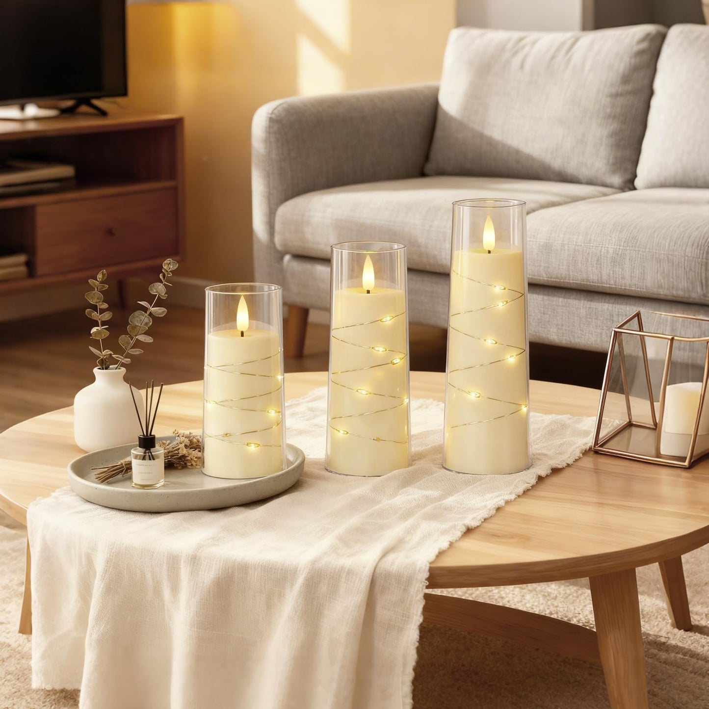 Raycare Flameless Candle with Remote Timer 7 Flickering Acrylic Battery Operated LED Pillar Candles with Embedded Star String for Christmas, Wedding, Home Table Decor, and as a Gift (Ivory White)