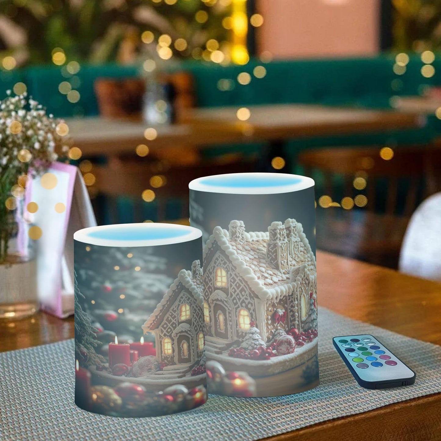 WEVIBOFU Gingerbread House Flickering Flameless Candles LED Battery Operated with Remote Timer Pillar Candles for Home Birthday Wedding Christmas Decor, Set of 2