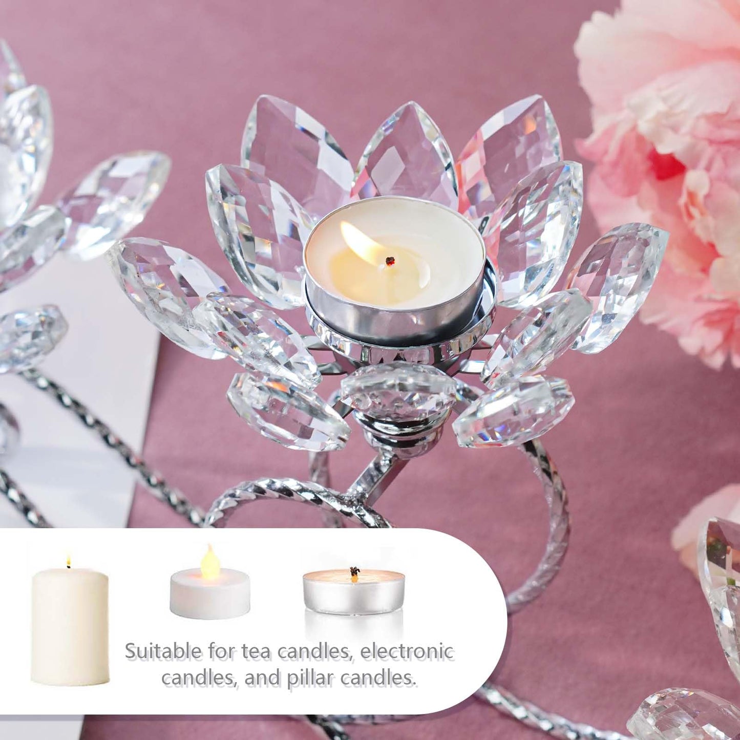 2Pcs Siver Kehail Crystal Metal Tea Light Candle Holder Set, 3-Arm Flower Shaped Crystal Votive Candlestick Holders for Table Centerpiece, Wedding Shower, Party and Home Decor