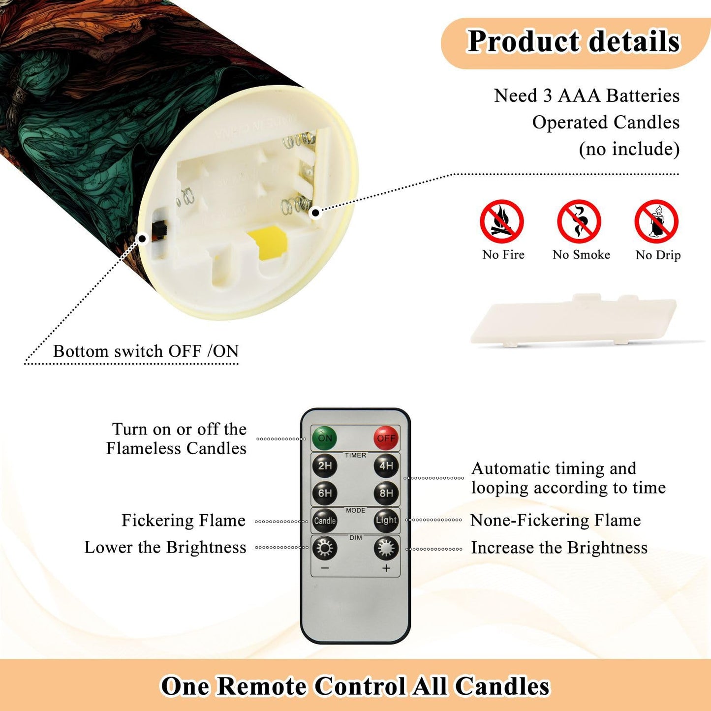 ZRYSMY Witch Crow Stain Glass Flameless LED Candles with Remote and Timer - 5.9”x3”, 2 Pack, Battery-Operated Flickering Pillar Candles for Home Decor