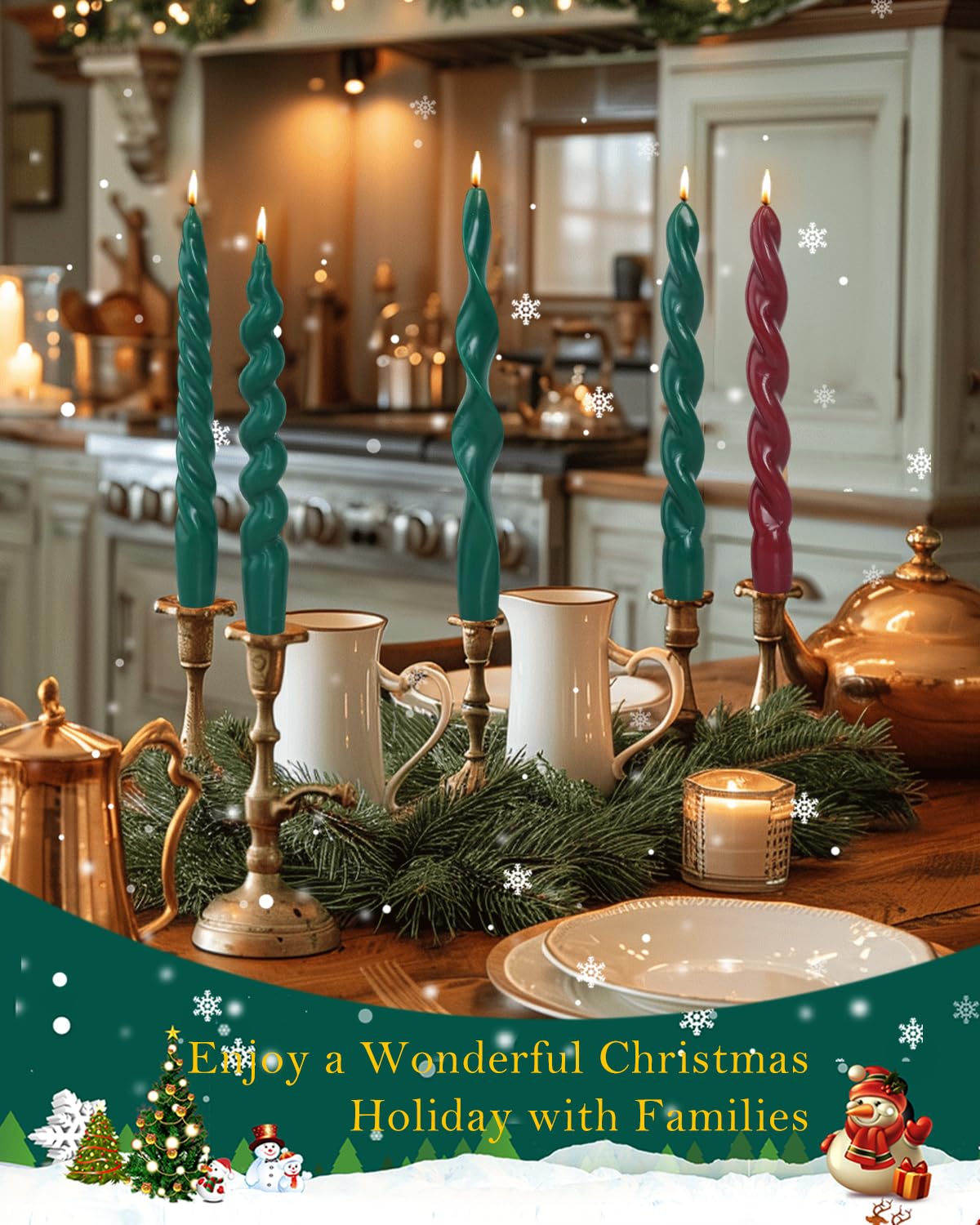 Spiral Taper Candles Green Short Candle Sticks Unscented Smokeless Twisted Candlesticks for Holiday Dinner Party Christmas Decorations-7.5inch-4pack