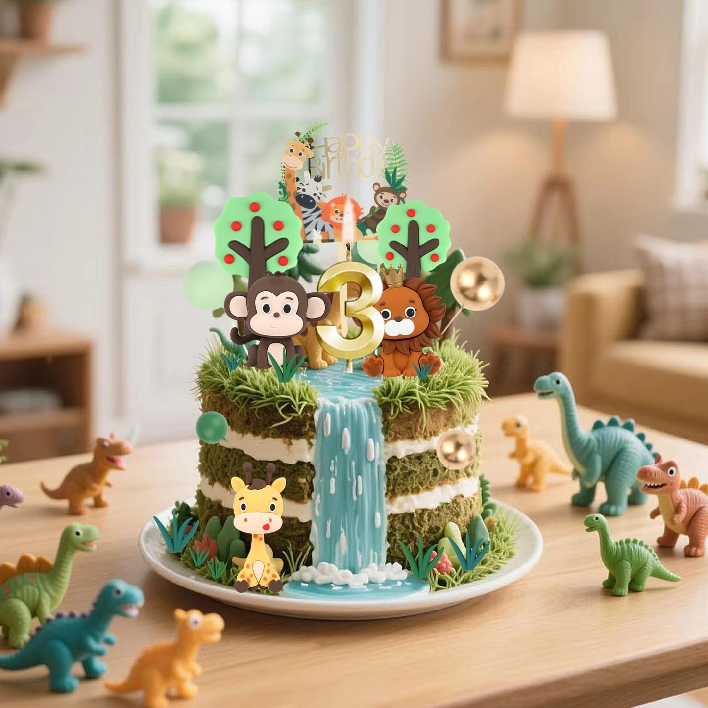 3st Birthday Safari Cake Toppers Set - 3D Lion, Monkey, Giraffe with Number 3 Candle, 8 Grass, Trees & Balls - 21PCS Jungle Animal Cake Decorations Kit for Boys Girls 3 Year Old Party (3st)