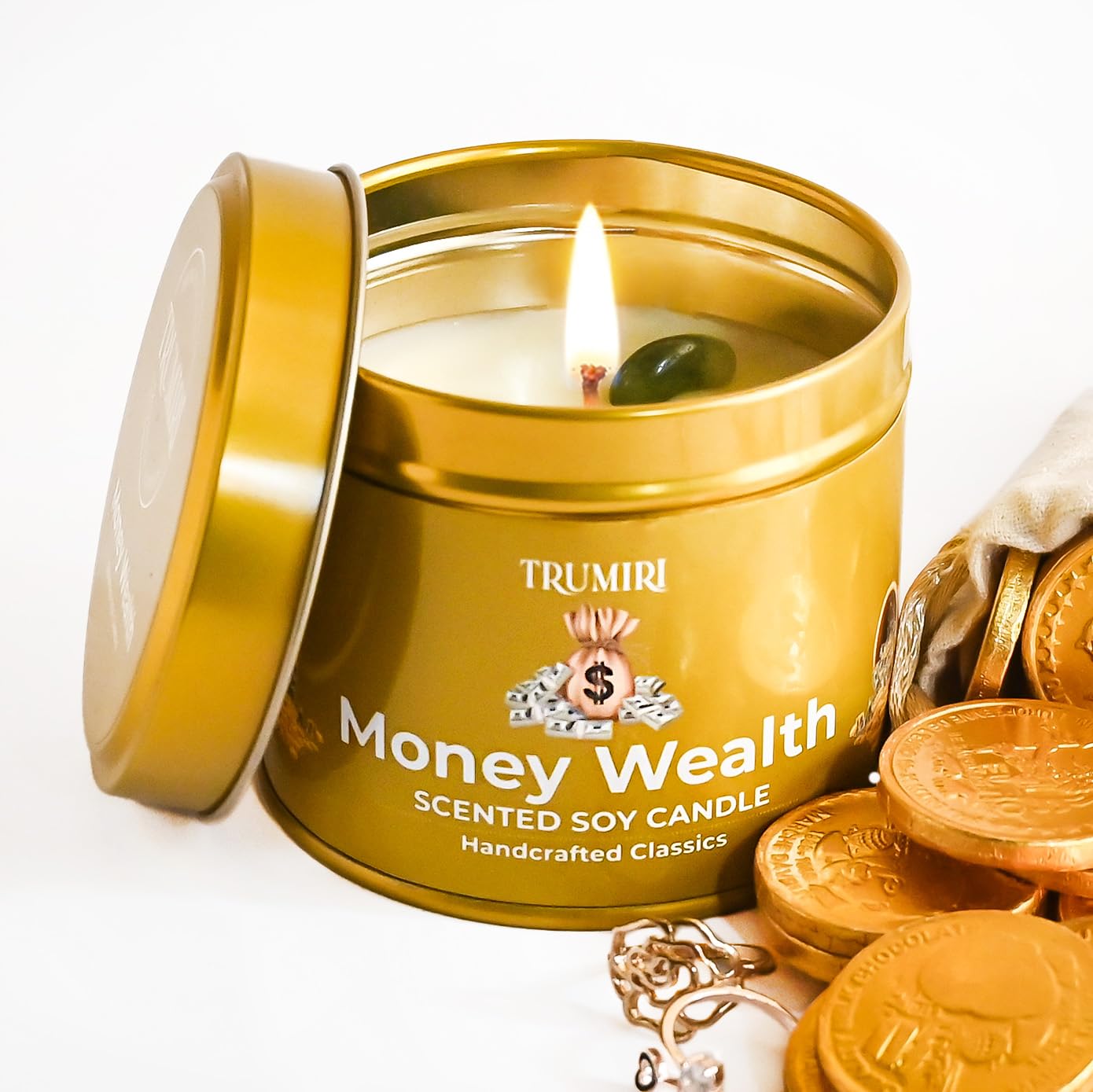 Money Wealth - Crystal Candles for Home Scented - 5oz Soy Wax Natural Clean Organic Non Toxic with Essential Oils - for Real Cash Luck Manifestation Aromatherapy Gift Bathroom - Long Lasting Candel