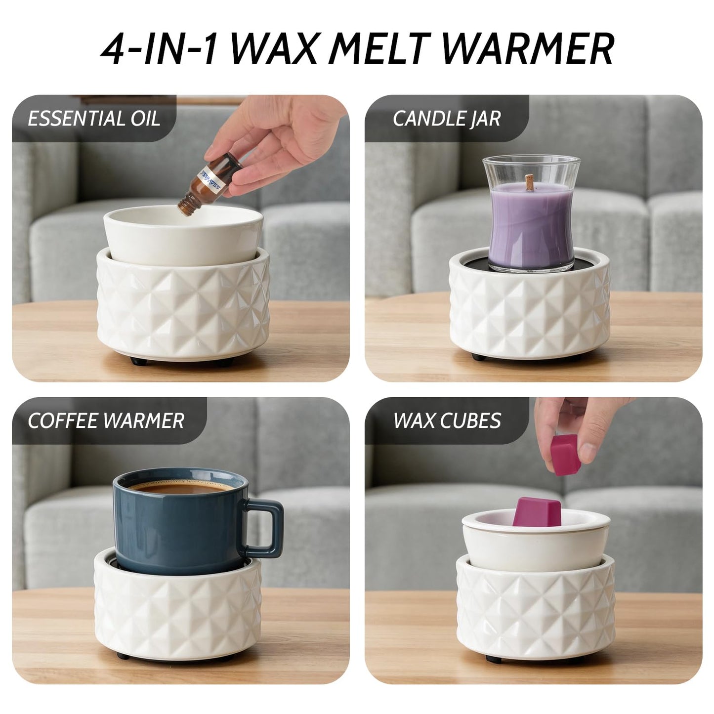 ASAWASA Ceramic Candle Warmer for Large Jars, Wax Melt Warmer with 1 PC Silicone Liner,4-in-1 Electric Warmer for Jar Candle Wax Cube Essential Oil Coffee Tea Mug, Ideal Gift for Home Office