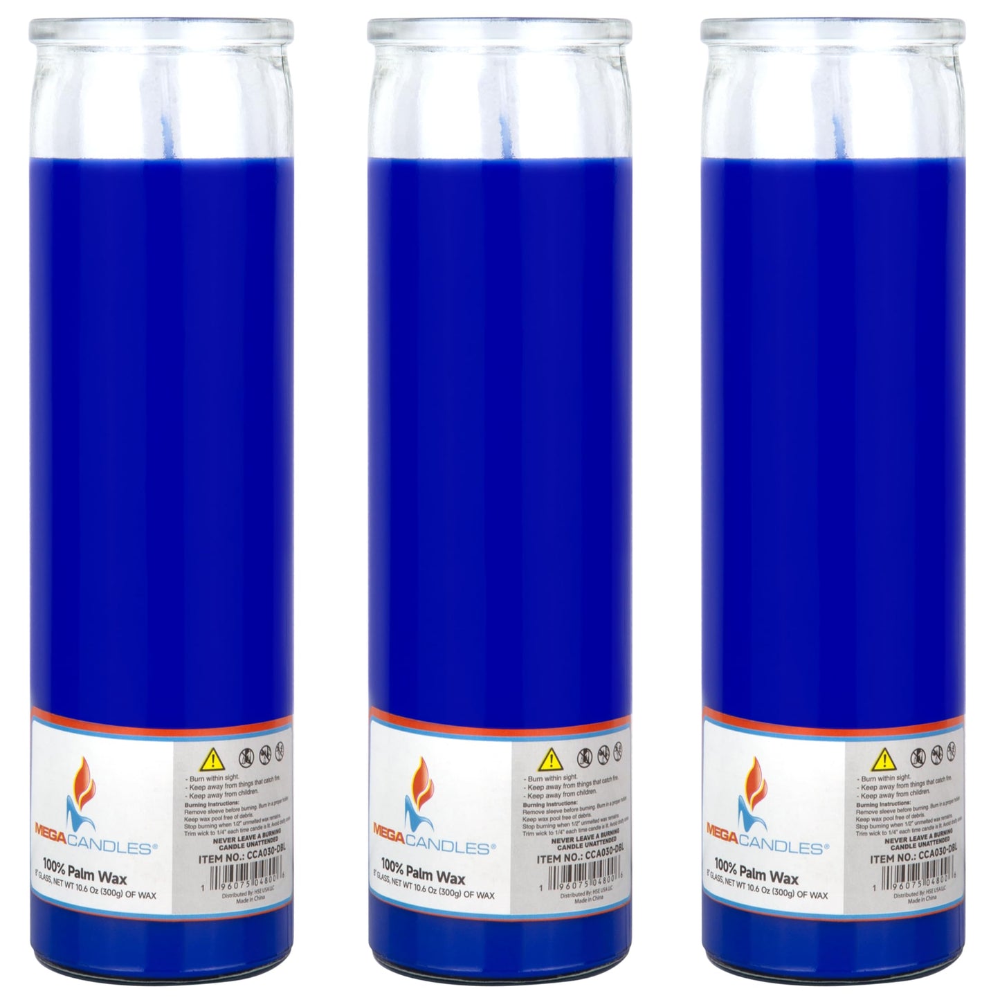 Mega Candles 3 pcs Unscented Blue Glass Container Devotional Prayer Candles, Shortening Wax Candle 2 Inch x 8 Inch, Sanctuary, Vigils, Prayers, Spiritual, Blessings, Religious, Altar, Remembrance
