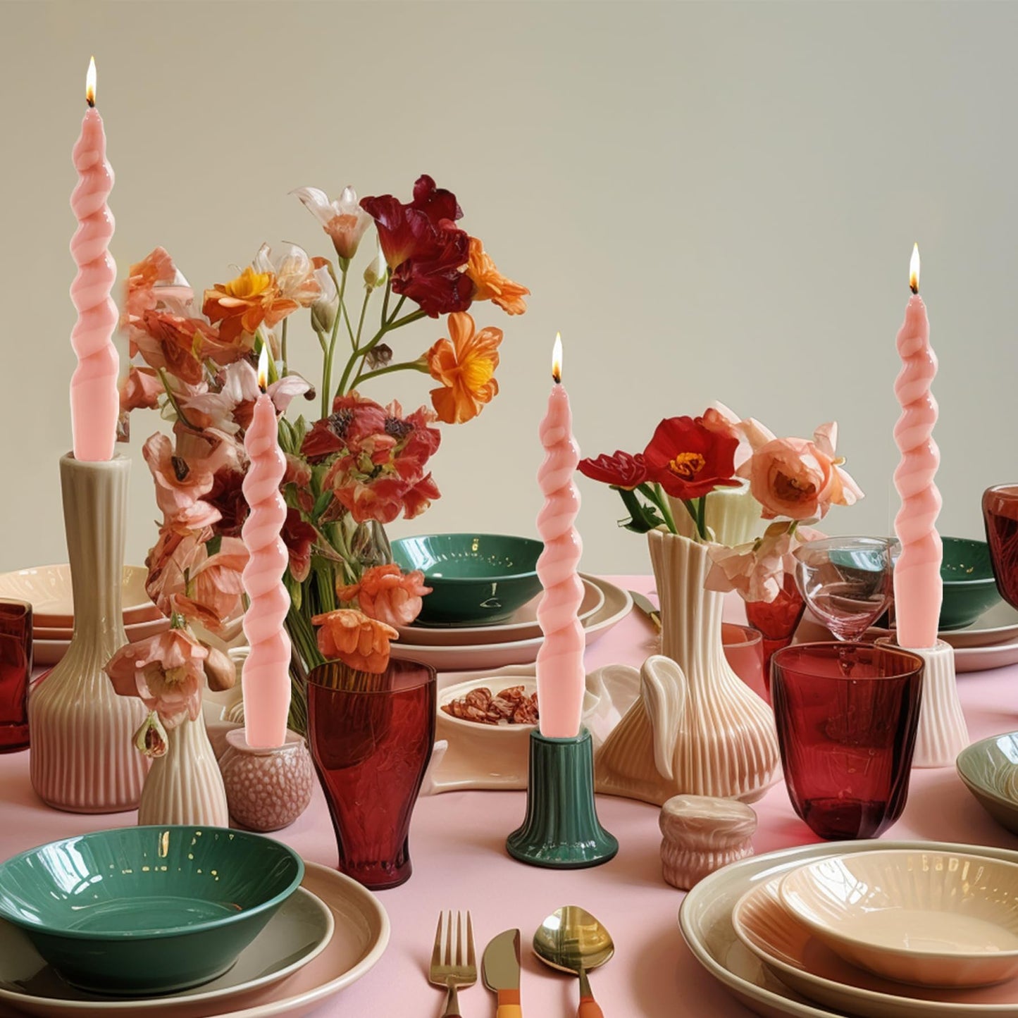 MAITREYA Pink Spiral Taper Candles Conical Stick Candles-Set of 4 for Decoration Weddings Party Church-Unscented Dripless Candles,10inch(C-Gradient Pink)